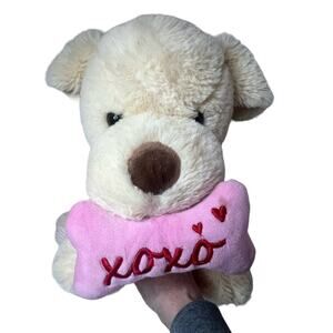 XOXO Soft Beige Puppy Dog Stuffed Animal Plush with Pink Bone and Heart on Paw